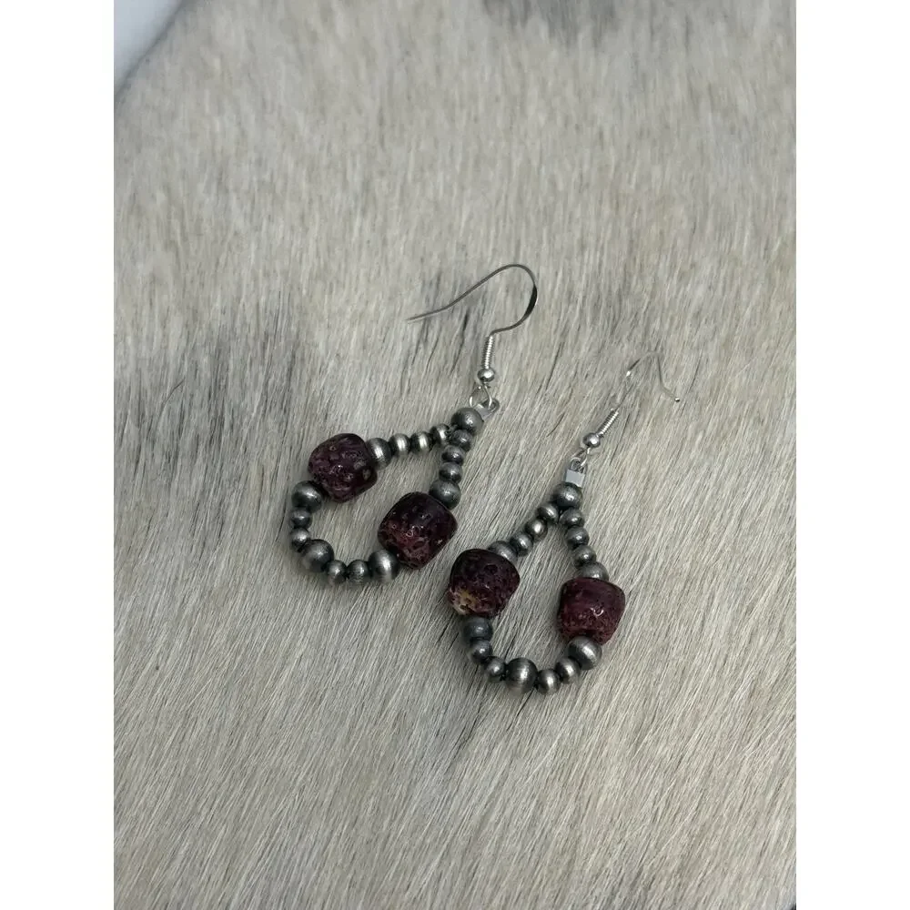 Native American Sterling Silver 8mm Purple Spiny Navajo Pearl Hoop Earrings